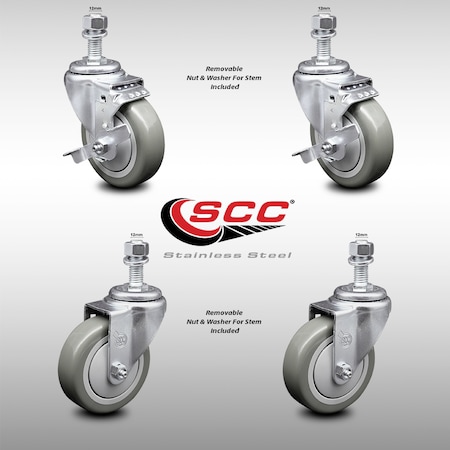 Service Caster 4 Inch SS Gray Polyurethane Swivel 12mm Threaded Stem Caster Brake SCC, 2PK SCC-SSTS20S414-PPUB-TLB-M1215-2-S-2